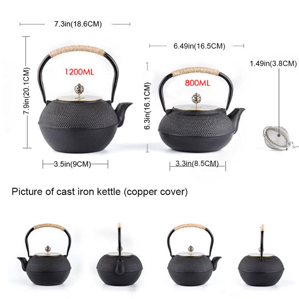 Teiera Giapponese Nera in ghisa Tetsubin Fatta a Mano da 1200 ml con infusore in Acciaio Inossidabile, bollitore per fornello a Gas, Coperchio in Rame, 800 ml