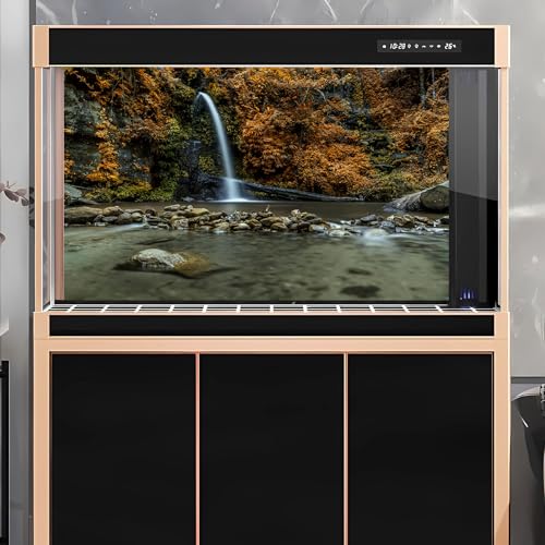 Image of Waterfall Aquarium Background Natural Autumn Forest Yellow Leaves Landscape Terrarium Background Tranquil Lake Stream with Rocks Fish Tank Background Falls Theme Aquarium Backdrop Vinyl 36x18in