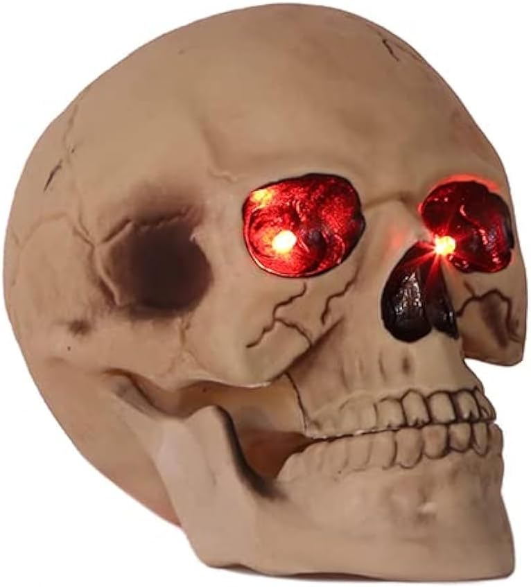Halloween Skull Head Life Size Human Skull Sculpture with LED Light Up Glowing Eyes, Night Light Resin Skull Head Bone Prop Horror House Party Ornament for Bar Table Decor, Holiday or Birthday Gift