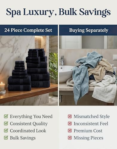 Image of LANE LINEN Bathroom Towels Sets - 24 PCs - 100% Cotton Towels - Absorbent & Quick Drying - 4 Bath, 4 Fingertip, 6 Hand Towel, 8 Washcloth, 2 Bath Sheet - Housewarming Essentials - Black Towels