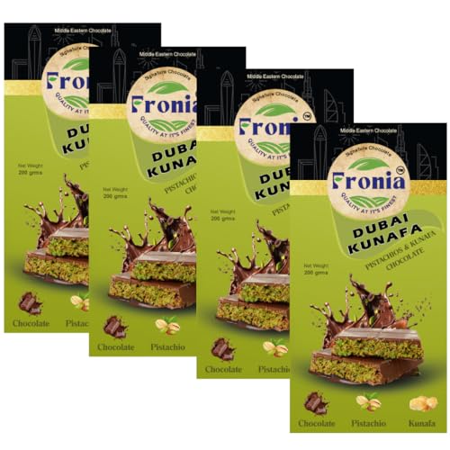 Image of FRONIA Dubai Kunafa Pistachio Chocolate Bar 100 x 4 Gm (Pack of 4) | Middle Eastern Style Chocolate with Kunafa & Pistachio Filling | Rich Dessert Chocolate for Gifting Snacking & Special Occasions
