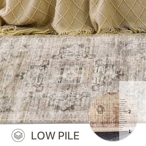 GENIMO 8x10 Area Rugs for Living Room, Machine Washable Non Slip Vintage Rugs, Low Pile Lightweight Chenille Print Rug for Bedroom, Dining Room, Home Office, Brownish Drab