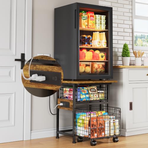 Image of Mini Fridge Stand with Storage and Power Outlet, Small Refrigerator Stand | Mini Fridge Shelf with 2 Drawers -Max Load 300 LBS Heavy Microwave Stand Mini Fridge Cart for Dorm, Apartment, Kitchen