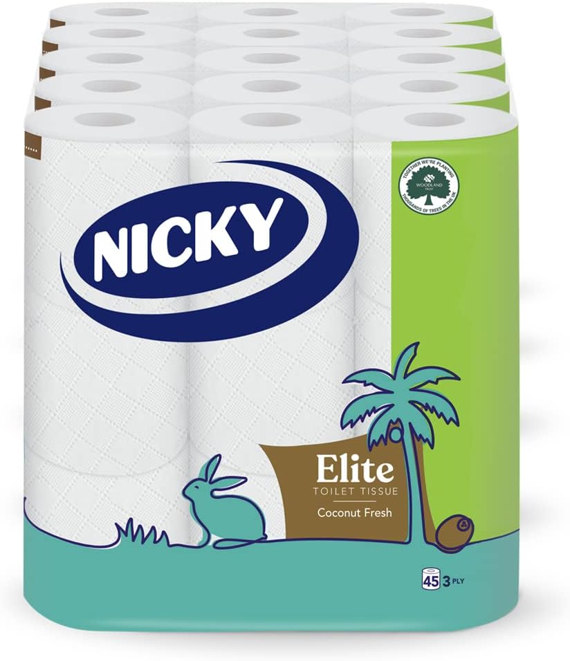 Nicky Elite Coconut Fresh - Papel higiénico con 45 rollos de papel higiénico blanco, 168 hojas por rollo, 3 capas, aroma exótico de coco, suavidad y