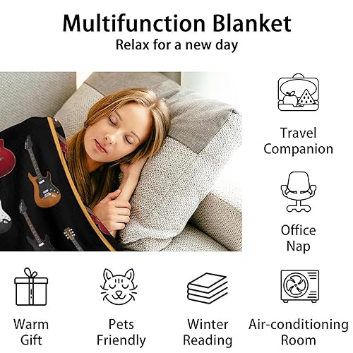 Mercuryelf Guitar Throw Blanket - Soft, Fuzzy & Warm - 60x80 Inches Flannel Blankets for Bed, Couch - Black Vintage Throws Gift for Adults