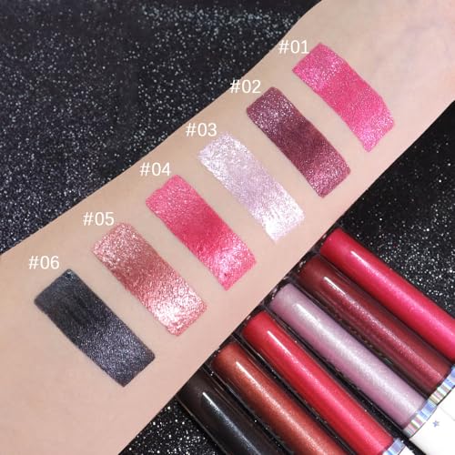 Image of evpct 1Pcs Black Metallic Shimmer Glitter Lip Gloss Liquid Lipstick Long Lasting Waterproof 24, Glitter Pearlescent Metallic Sparkly Glossy Liquid Lipsticks Lip Stain Makeup Set for Women 06#