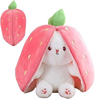 Easter Bunny Stuffed Plush Toy, Cute Reversible Rabbit Plushie, Carrot/Strawberry Rabbit Pillow Stuffed Animal for Birthday Easter Gift for Kids (Strawberry Bunny)