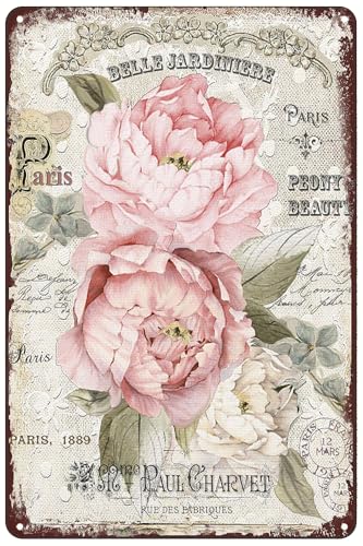 French Paris Floral Rose Flower Poster Vintage Tin Sign Wall Art Plaque Decor for Home Bar Pub Cafe Farm Store Club 8x12 inch