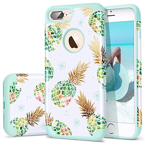 Fingic Case For Iphone 7 Plus,Iphone 8 Plus Pineapple Case,Cute Shiny Green Pineapple Tropical Design Summer Case For Girls Women 2 In1 Hybrid Silicone Skin Cover Iphone 7 Plus/8 Plus,Green #TOP7