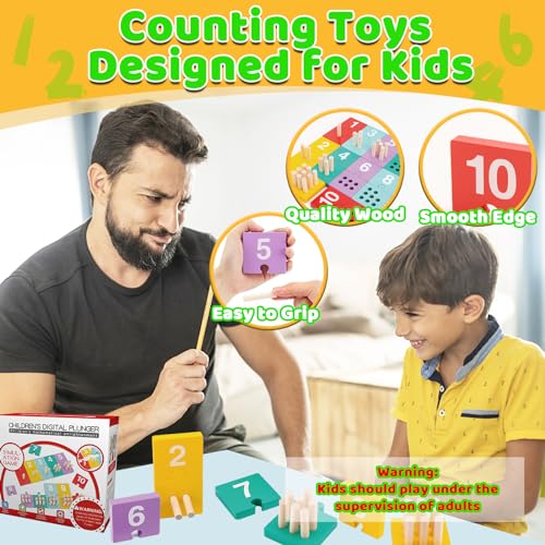 Image of TEUVO Counting Pegs Board Montessori Toys for Kids Aged 3 4 5 6 Years Old, Wooden Early Math and Number Digital Plunger Manipulatives Materials Game for Toddlers Home Kindergarten Daycare Classroom