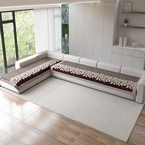 Image of Nendle Superior Velvet Floral Sofa Mat 7 Seater Set Cover Durable Protector for Living Room Sofa Set 4+3, Suitable for L Shape, Sectional and U Shape Sofa (Brown, Pack of 2)