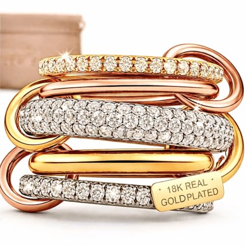 Vyer Loven Spinelli Rings 18K Gold Plated Stacked Rings for Women Non Tarnish 5A Cubic Zirconia Interlocked Chunky Rings Interlocking Stackable Ring Set CZ Rose Gold and Silver Rings Mixed Metal (Size up for wider fingers)