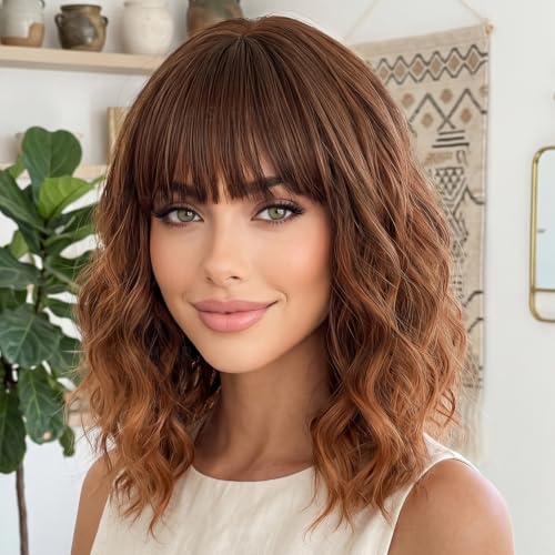 Image of AISI HAIR Bob Curly Wig with Bangs Short Wavy Wigs for Women