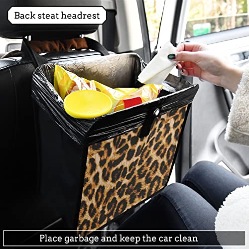 Image of Vintage Brown Leopard Print Car Trash Can, Foldable Hanging Cheetah Trash Bag, Waterproof Animal Skin Small Car Accessories Garbage Bin