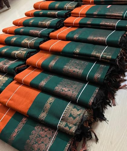 Image of Women's Premium Kanjivaram Cotton Silk Saree South Indian Paithani Sari | Gadwal Cotton Sarees Zari Border with Blouse Piece - Elegant Wedding & Festival Saree | Lightweight & Comfortable Orange 01