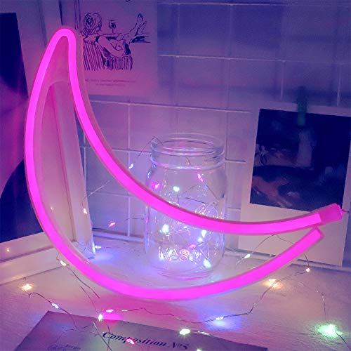 Fiee Pink Moon Shaped Neon Signs,Led Safety Art Wall Decoration Lights Neon Lights