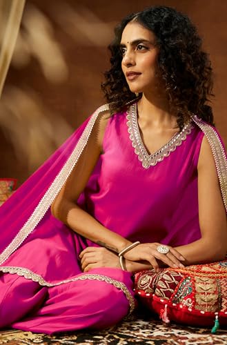 Image of Janasya Women's Chanderi Silk Embellished Straight Kurta With Sharara & Dupatta Set