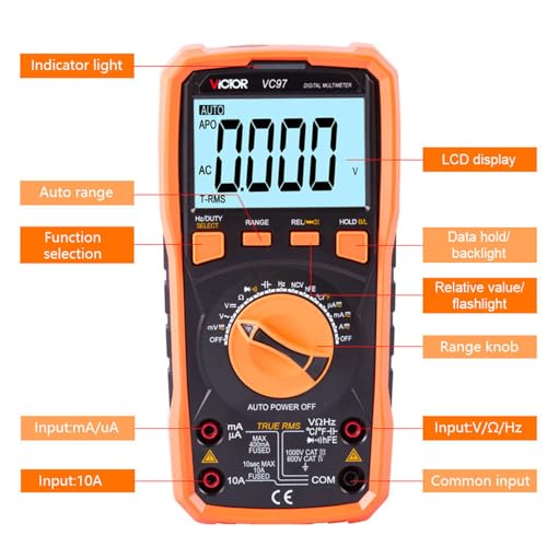 Image of Victor /RuoShui VC97 Digital Multimeter Tester, 3999 Counts, Voltage Meter with Non-Contact Voltage Tester, Measures AC /DC Voltage & Current Resistance Capacitance Frequency (Victor VC97)