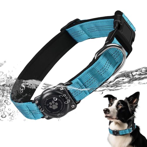 JIARUI AirTag Hundehalsband, IP68 wasserdichte Integriertes Apple Air Tag Halter Hundehalsband mit AirTag Halter, Reflektierend, Besonders haltbar, Hundehalsbänder für mittlere große Hunde [Blau,M]