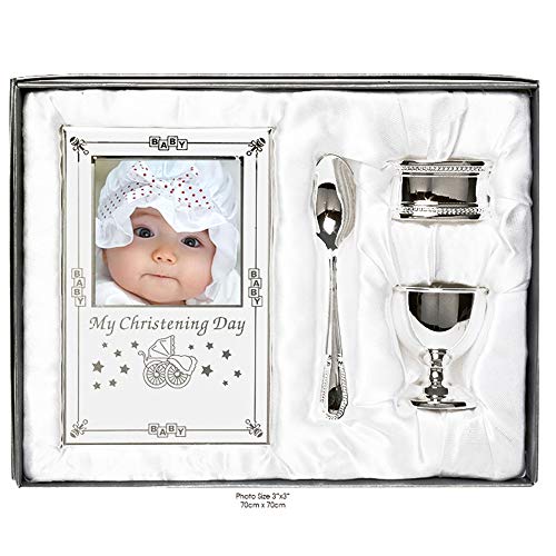 Beau coffret cadeau plaqué argent pour baptême – 4 pièces, avec coquetel, cuillère, cadre photo de bébé, anneau de serviette dans un coffret cadeau.