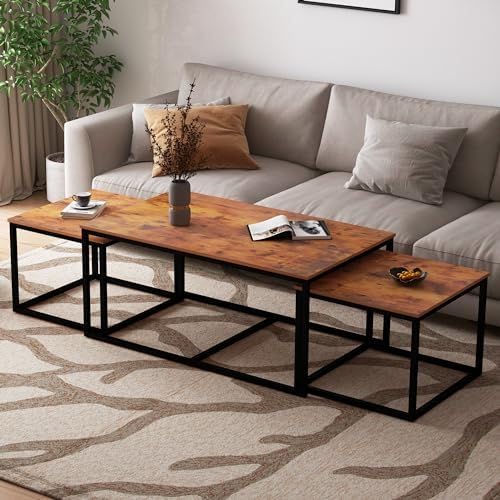WoodillaModern Nesting Coffee Table Set of 3 | Textured Wood Finish Top with Black Metal Frame | Industrial Living Room Center Table | Space-Saving Rectangular Design-image-35