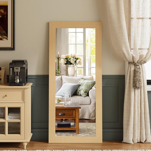 Syndra Modern Full Length Mirror Wood Frame 56x20 Large Floor Mirror with HD Tempered Glass & Wall Mount Option Rectangular Standing Mirror for Bedroom Living Room Entryway Farmhouse(Natural)