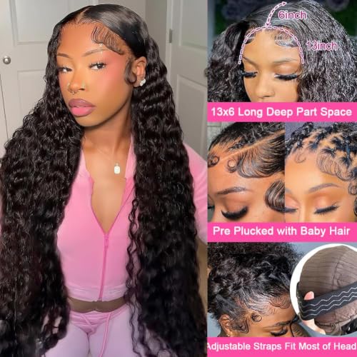 Image of 30 Inch Deep Wave Lace Front Wigs Human Hair 200 Density 13x6 HD Lace Frontal Wigs Human Hair Pre Plucked Deep Curly Glueless Wigs Human Hair Curly Wigs for Women Natural Color