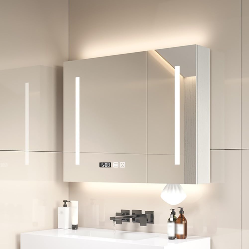 Armadietto da bagno a LED con specchio a 3 ante, anti-appannamento, espositore per orologio, porta asciugamani, design moderno (dimensioni: 80 x 12 x 70 cm) – soluzione di archiviazione elegante e