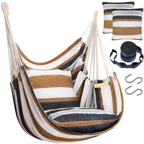 Image of Halalona Hammock Chair Hanging Hammock Chair Rope Swing 2 Cushions Included-Sturdy & Durable Soft Cotton Hand Woven Hammock Swing for Bedroom, Porch, Patio-Indoor /Outdoor
