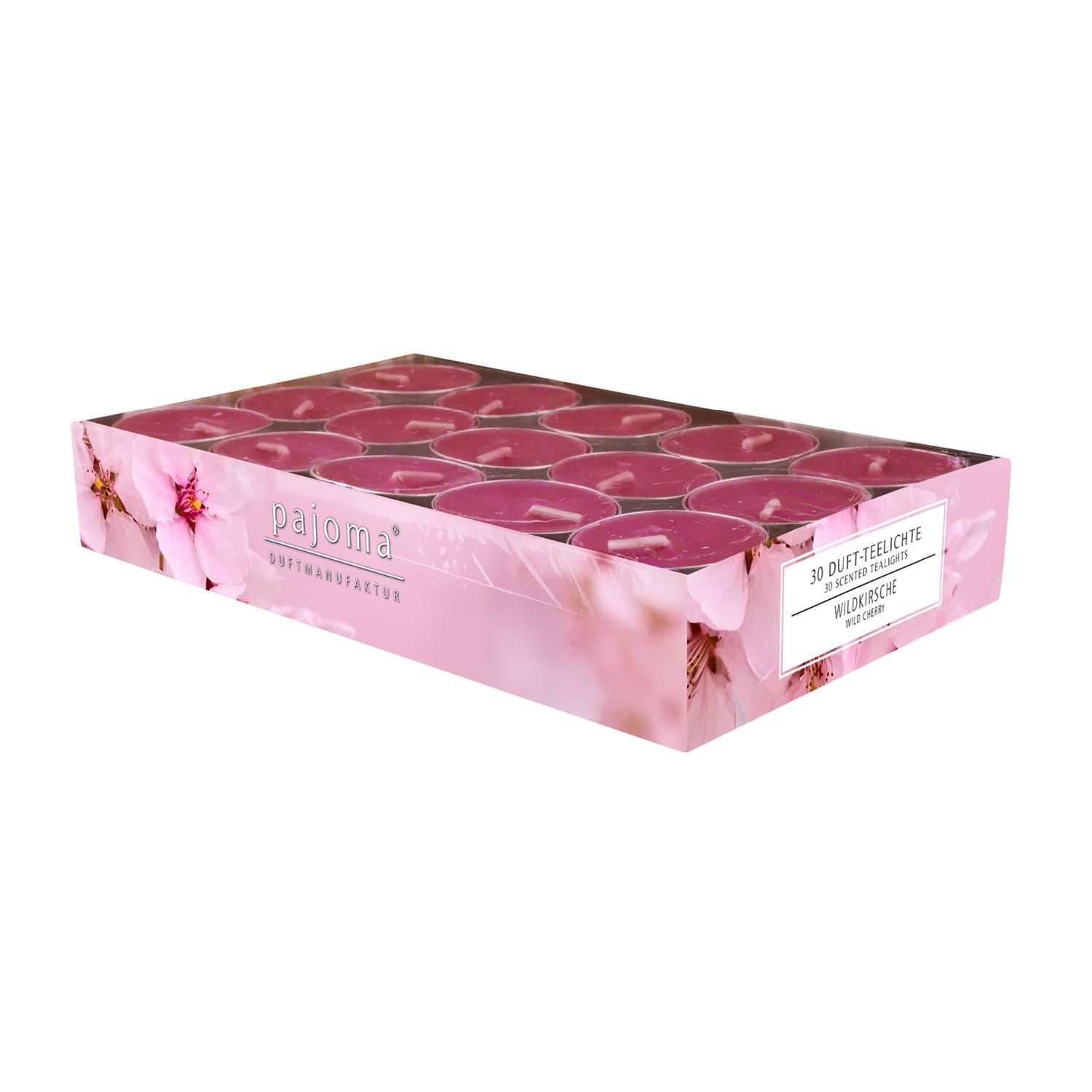 pajoma® Teelichte 30 Stück, Wildkirsche | Duft-Teelichte in Aluminiumhülle, Brenndauer ca. 4 Stunden - Höhe 1,5 cm ø 3,5 cm | Premium Qualität | Deko, Gastronomie, Outdoor, Party, Windgläser, Hochzeit