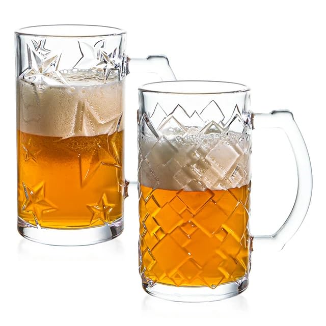 Image of PrimeWorld 500 ml Star Beer Set of 2 Pcs Strong Glass Mug with Handle, Steins, Freezable Beer Glasses,Everyday Drinking Glasses, Cocktail Glasses