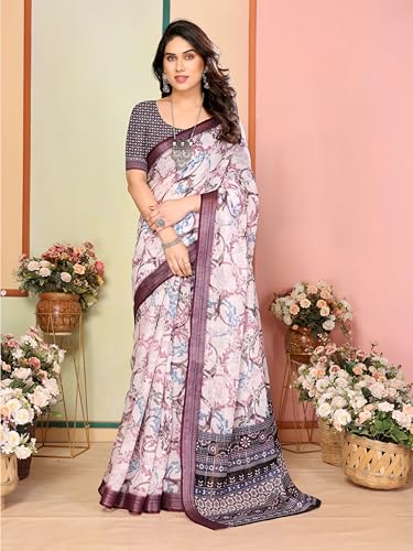 Image of Sidhidata Women's Cotton Linen Blend Lining Digital Printed Saree With Unstitched Blouse Piece (Linen Lining Saree)