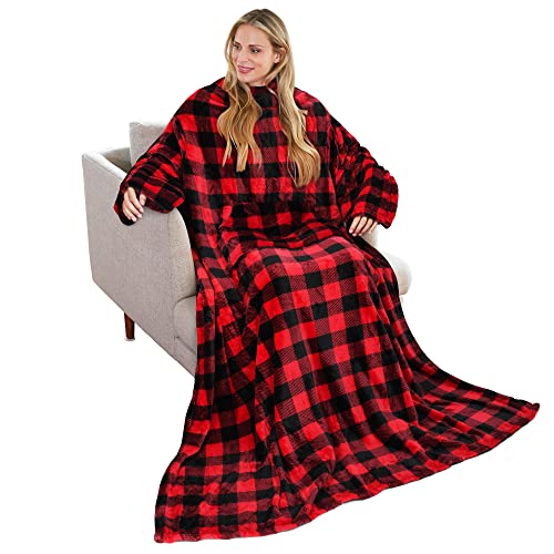 Red Plaid Fleece Wearable Blanket With Sleeves For Women Men, Super Soft Warm Cozy Micro Plush Functional Lightweight Tv Wrap Checkered Throw Blanket With Pocket For Lounge Couch Office #TOP4