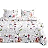 Wake In Cloud - Floral Quilt Set, Botanical Flowers and Birds Pattern Printed, 100% Cotton Fabric...