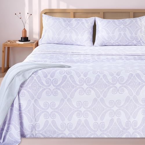 Utopia Bedding 4-Teiliges Bedrucktes Bettlaken Set, 180 x 200 cm, Paisley Lavendel – Polyester-Mikrofaser, 1 Spannbetttuch 180x200 cm, 1 Bettlaken 270x290 cm und 2 Kissenbezüge 50x75 cm