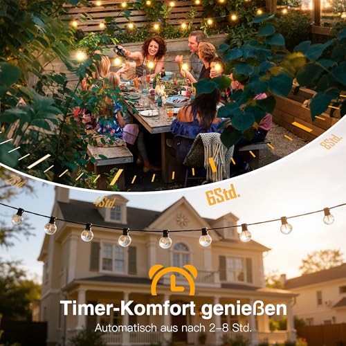 Ollny LED Lichterkette außen dimmbar 20M mit Fernbedienung & Timer – Lichterkette Outdoor strom G40 Glühbirnen 3 Modi, wasserdicht für Garten Balkon Terrasse (warmweiß)