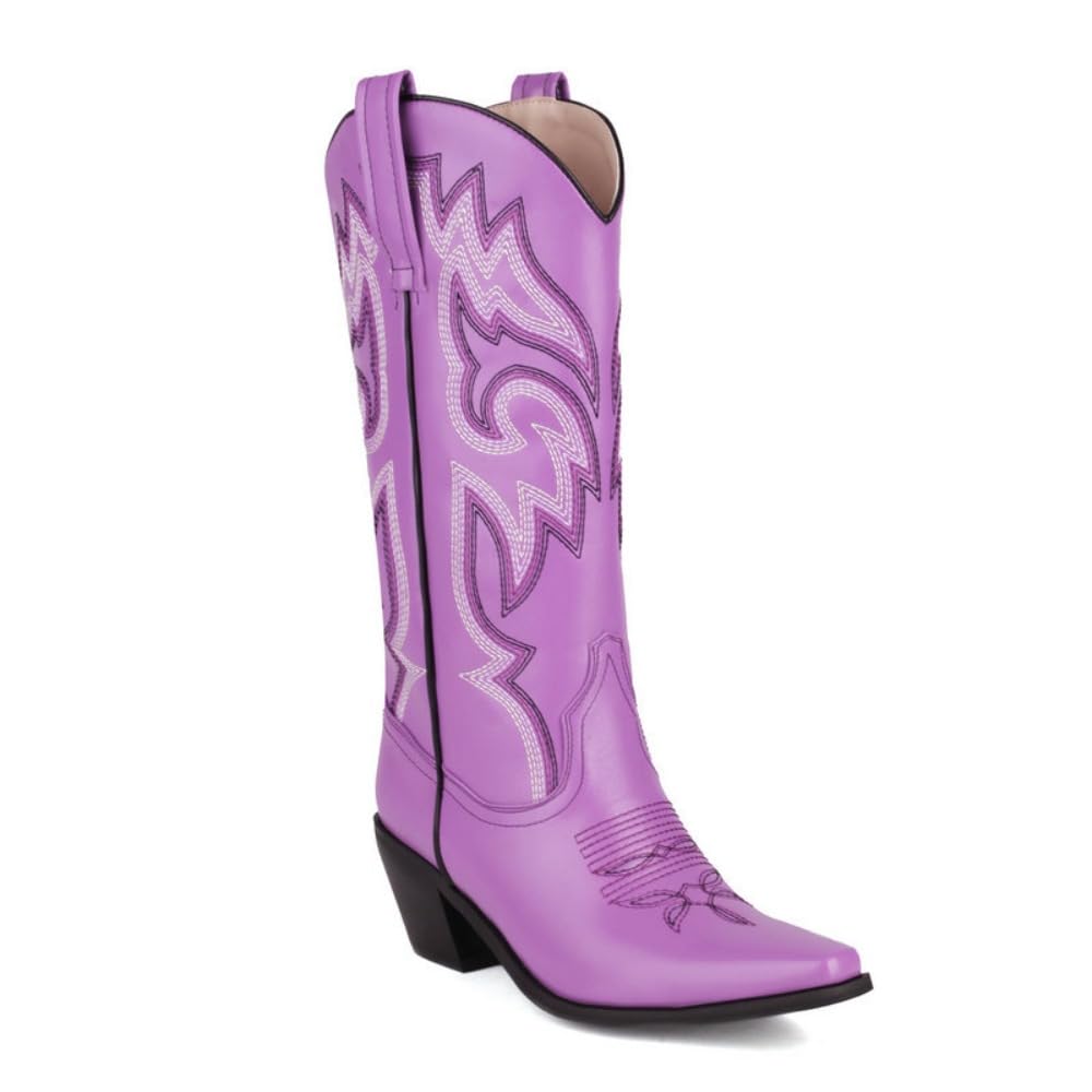 Cowboy Boots for Women Mid Calf Western Boots Embroidery Cowgirl Pull-On Pointy Toe Wide - Neutral Retro Causal