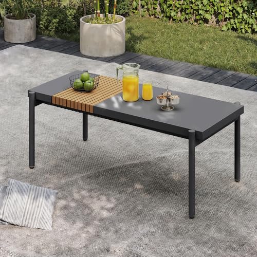 Sundale Outdoor Modern Metal Outdoor Coffee Table with Slatted Wood-Look Tabletop Design, Weather-Resistant Patio Side Table for Garden, Balcony, Poolside(Gray)