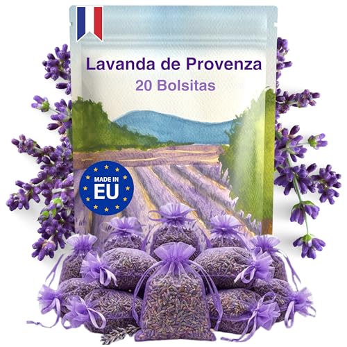 20 bolsitas de Lavanda perfumadas - Origen Provence France - 120G - Bolsa de Olor para Armario, Ropa y Armario. Bolsa de Lavanda Seca Desodorante Aroma Intenso.