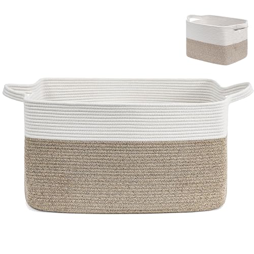 Panier à Linge Tressé en Coton, Marron Panier Rangement Salle de Bain, Panier Rectangulaire en Corde de Coton 33x25x23cm, Décoration Boite de Rangement, Pour Ranger le Linge de Lit, les Couvertures