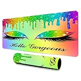 LshyMn Alfombrilla de mouse grande arcoíris de 31.5 x 11.8 x 0.12 pulgadas, colorido y brillante, diseño de pestañas de gota de agua, Hello Gorgeous para escritorio de estudio, escritorio de