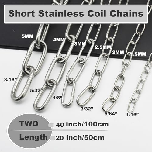 Bytiyar 1/8 inch(3mm) Wire Diameter Stainless Steel Safety Chains 20 inch Long Link Rings Light Duty Coil Chain for Hanging Pulling Towing, 1/8"x 20" (2Pcs)