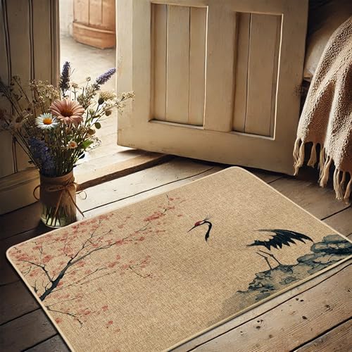 Tapete para puerta con grulla y flor de cerezo, tapete beige para primavera y verano, decoración del hogar, antideslizante, resistente al agua, absorbe el polvo, fácil de limpiar, 73 x 43 cm