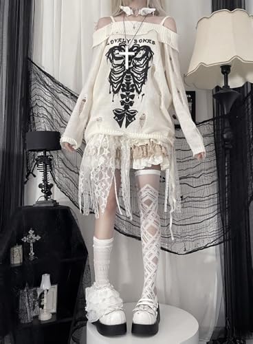 CEINOM Y2k Harajuku Gothic Knitted Pullover Sweater Women Japanese Fashion Sexy Skull Off The Shoulder Punk Loose Sweater2