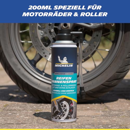 MICHELIN Reifenpannenspray 200 ml – Soforthilfe bei Reifenpannen für Motorrad & Roller – Reifen abdichten & befüllen ohne Werkzeug – kompakt & schnell einsatzbereit