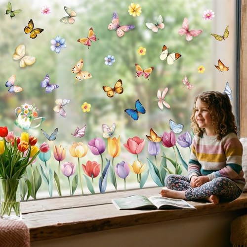 Image of 9 Sheets Spring Window Clings Decor, Tulip Floral Butterfly Window Stickers | Spring Decorations for Home, Office, Classroom, Glass Doors, Flower Decals for Summer, Easter, Indoor Party & Event Decor