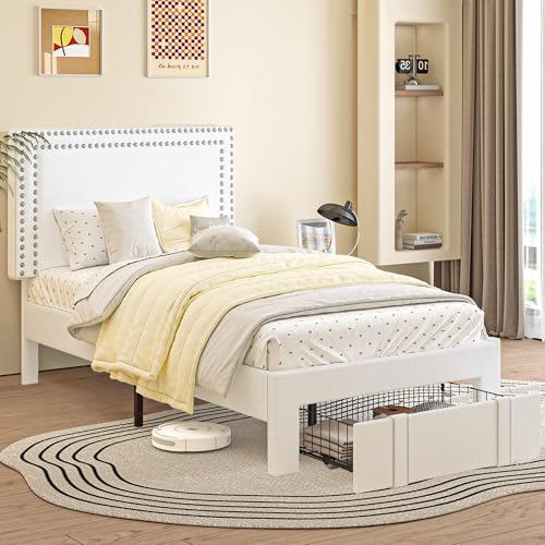 Image of VECELO Twin Size Upholstered Bed Frame with Storage Drawer, Adjustable Velvet Rivet Decor Headboard, Wooden Slats Platform Support, No Box Spring Needed, Easy Assembly,White