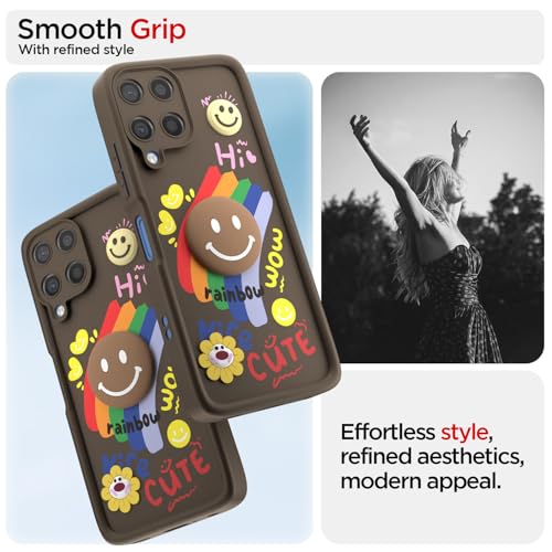 Image of Pikkme Back Cover for Samsung Galaxy M12 / F12 / A12 | Soft Silicone| Cute Rainbow Smile & 3D Cartoon Flower Design | Shockproof Raised Camera Protection Bumper Case (Brown)