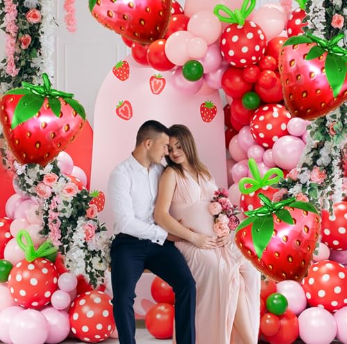 Image of Strawberry Balloon Arch Kit - 137pcs Red Pink and Light Pink Balloons with Strawberry Foil Balloons for Berry First Birthday Decor Sweet Girl Baby Shower Strawberry Shortcake Themed Party Decorations