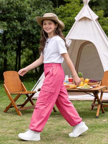 Image of Rolanko Girls Cargo Pants Wide Leg Streetwear Kids Pants with Pockets Trendy Jogger Trousers 4-14 Years